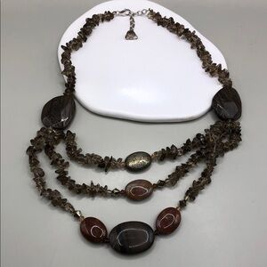 Gemstone smoky quartz agate beads layered necklace sterling silver 925 3 strand.